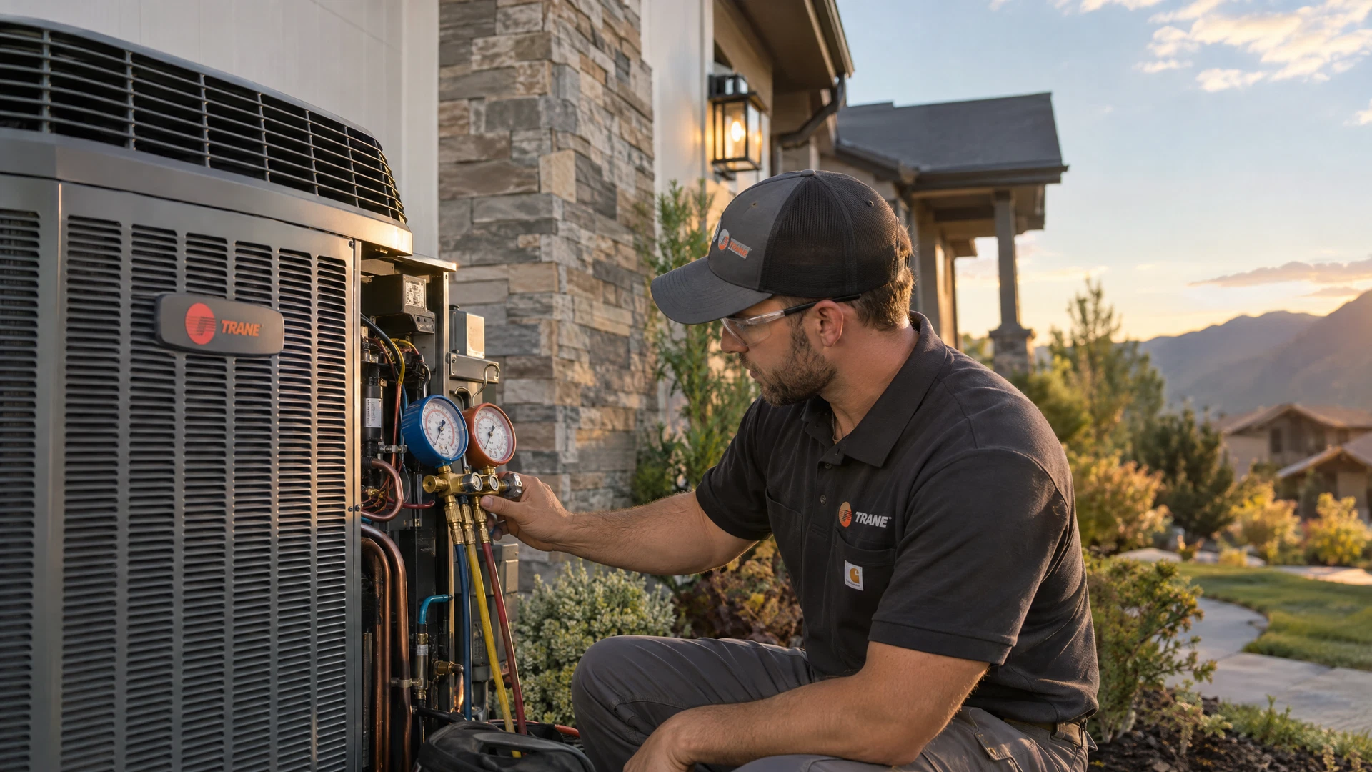 HVAC technician inspecting residential heating and cooling equipment