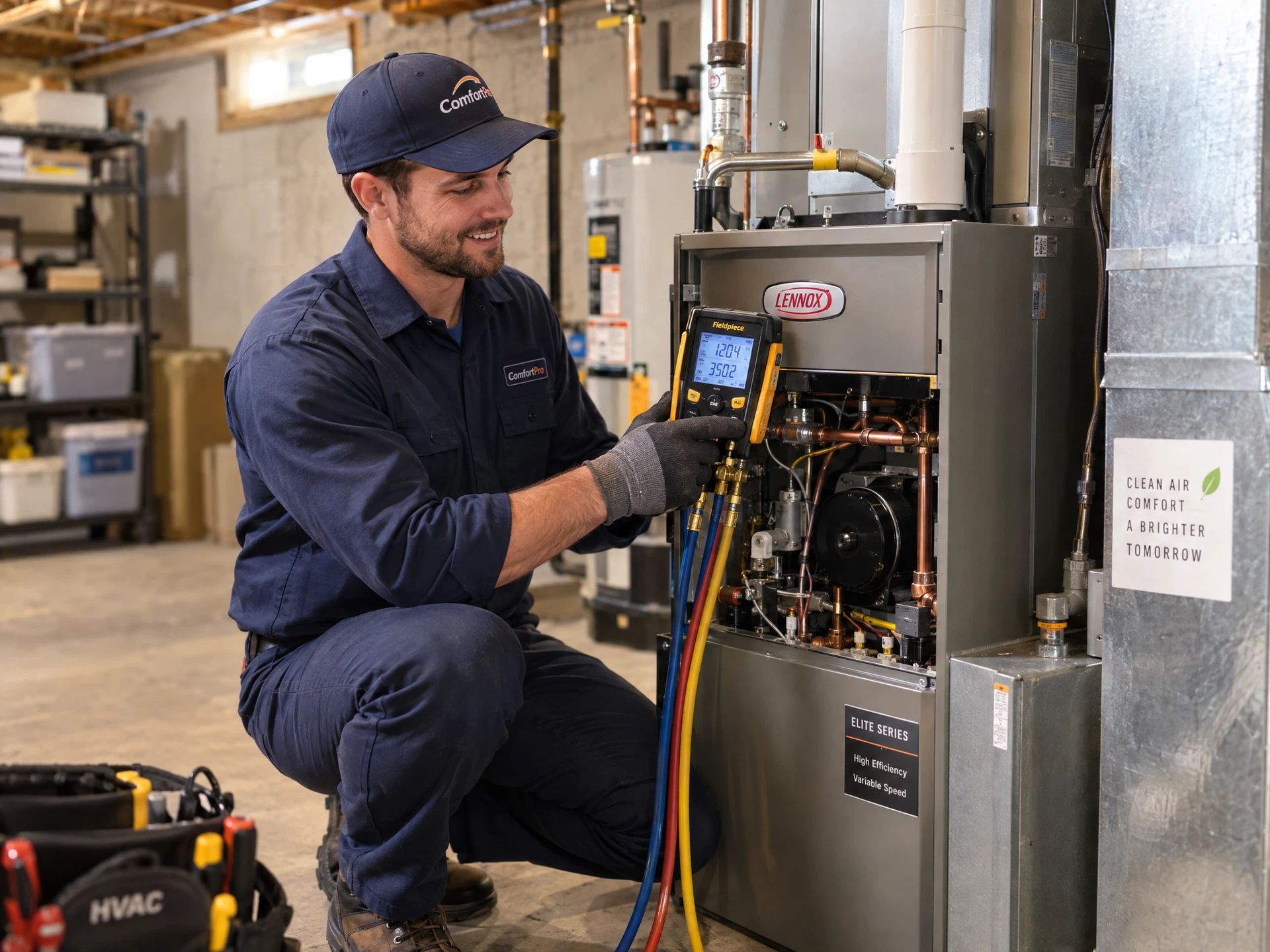 Technician servicing residential heating and cooling system